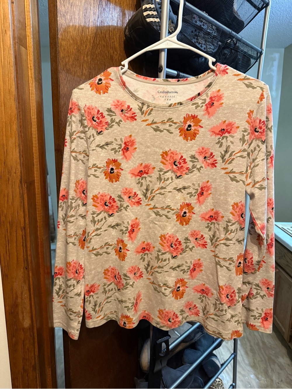 croft & barrow Cream Long-Sleeve Floral Top with Coral Flowers